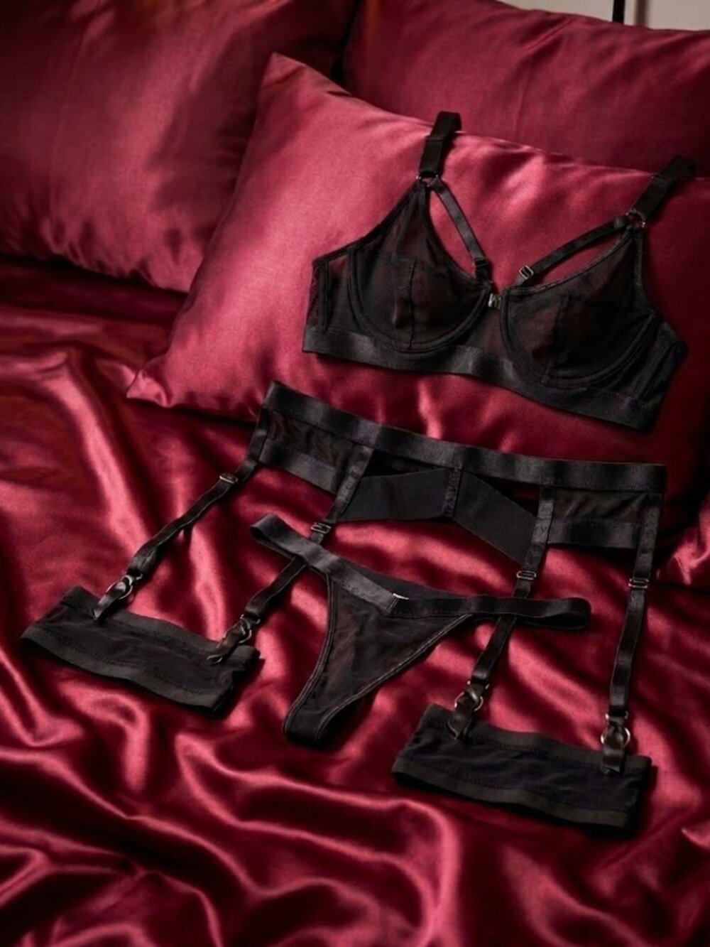 Sexy Black Satin Trim Garter Belt/Bra/Thong Panty Set - Like New